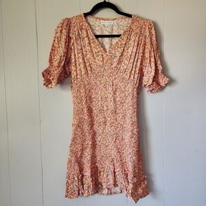 Faithfull The Brand Cottagecore Smocked Floral Smocked Orange Mini Dress Sz 2